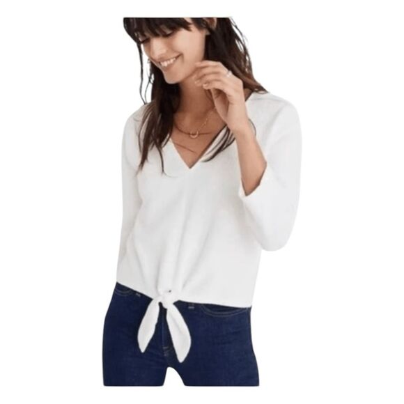 Madewell Texture & Thread Textured Tie-Front Top Ivory Knit Long-Sleeve V-Neck S - Picture 1 of 10